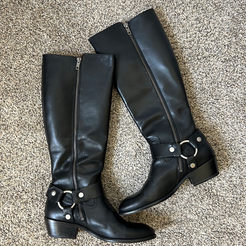 FRYE Women’s Tall Harness Boot, Black Leather, Size 8.5